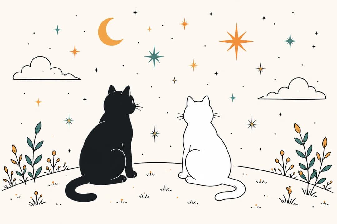 星空を見上げる黒猫と白猫